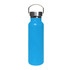 A drink bottle in bright blue with a stainless steel lid and a metal carrying handle. It has a logo on the side.
