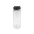 A drink bottle with a clear body and a black lid, designed for infusing beverages. It features a branding logo.