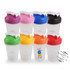 A drink bottle collection featuring BPA-free fitness shaker bottles in pink, blue, black, purple, green, yellow, and orange with branding.