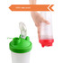A drink bottle featuring a green and red lid, designed as a BPA-free fitness shaker with a logo.