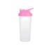 A drink bottle with a pink lid and a transparent body, featuring a logo and a loop for easy carrying.