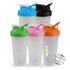 A drink bottle set featuring five BPA-free shaker bottles in black, blue, green, pink, and orange, with a metal whisk ball.