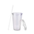 A set of clear 16oz plastic cups with lids and straws, featuring a smooth design and a simple logo.