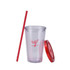 A transparent plastic cup with a red lid and straw, featuring a small logo on the side.