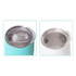 A double wall egg-shaped coffee cup in turquoise and white with a metal lid, featuring a logo.