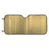 A bubble aluminium car sunshade in gold with a black trim, featuring a hollow centre for a rearview mirror.