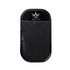 A black dashboard mat with a textured surface and a logo at the top.