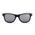 Stylish sunglasses with a black frame and white arms, featuring mirrored lenses and a logo on the side.
