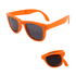 Bright orange folding sunglasses with dark lenses and a compact design, featured alongside a smaller, folded version.