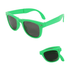 Green folding sunglasses with dark lenses, featuring a sleek design and a logo on the side.