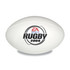 A white stress Australian football with a logo and text, featuring a smooth surface and classic shape.