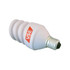 A white stress reliever shaped like an electrical lamp, featuring a silver screw base and a logo.