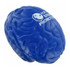 A blue brain-shaped stress reliever with a logo on it, designed for stress relief and relaxation.