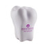 A white tooth-shaped stress reliever with a logo, featuring smooth, rounded edges.