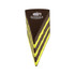 A chocolate cake-shaped stress reliever in brown with yellow stripes and a logo on top.