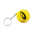 A yellow tennis ball stress item attached to a metal keyring, featuring a black logo.