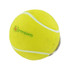 A yellow tennis ball stress item with white stripes, attached to a metal keyring. Features a logo.