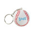 A white baseball stress reliever keyring with red stitching and a metal keyring attachment. It features a logo.