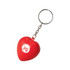 A red heart-shaped stress reliever attached to a metal keyring with a logo.