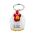 A white chicken-shaped keyring with a red comb and beak, attached to a metal keyring.