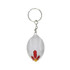 A white rooster stress reliever keyring with red detailing, attached to a metal keychain.