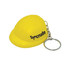A yellow helmet-shaped stress reliever attached to a keyring, featuring a logo.