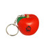 A red apple stress reliever keyring with a green leaf and a silver keychain. It features a logo on one side.