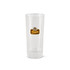 A clear glass with a logo, featuring a tall, straight design suitable for beverages.