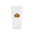 A clear glass with a logo featuring beer mugs, designed for beverage enjoyment.