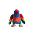 A colourful plush toy of a lorikeet with blue, green, red, and yellow features. It has a logo on its chest.