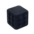 A black, silicone popper cube featuring multiple raised dots for tactile play. It has a smooth, cube shape and a logo.