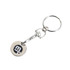 A silver keyring featuring an enamel trolley coin with a logo on it. The keyring has a circular design.