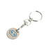 A silver enamel trolley coin keyring featuring a blue logo and a sturdy clip for attachment.