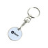 A keyring with a circular printed token attached by a metal clip, featuring a logo in black on a white background.
