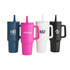 A drink bottle set featuring four tumblers in navy, pink, white, and black, each with a straw and handle. Each tumbler has branding.