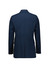 A navy blue women's longline double-breasted jacket with a smooth finish and buttoned sleeves.