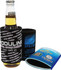 A drink bottle in a black, branded can cooler, alongside a blue and a grey can cooler with logos.