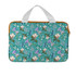 A laptop sleeve with a floral pattern in shades of teal, featuring white handles and a zipper closure.