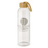 A drink bottle with a clear glass body, bamboo lid, and a natural rope strap. Features a logo on the front.