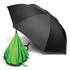 An inverted umbrella with a green inner layer and black outer layer, featuring a curved handle and a logo.