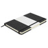 A notebook with a black textured cover featuring a white stripe, secured with an elastic band.