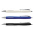 Three plastic pens in white, blue, and black, each with a silver clip and a unique design feature.