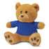 A plush teddy bear in brown, wearing a blue shirt, with a friendly face and large paws.