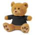 A plush teddy bear in light brown with a black t-shirt and stitched facial features, featuring a logo on the shirt.