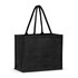 A black jute tote bag with two handles, featuring an unbranded design.