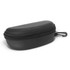 A black zippered case with a rounded shape, designed to hold sunglasses or similar items. It features a secure closure and a clip.