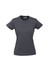 A women's short sleeve tee in dark grey with a fitted design and a logo on the neckline.