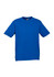 A blue short sleeve t-shirt featuring a crew neck design and a logo on the tag.