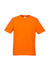 An orange short sleeve t-shirt featuring a round neckline and plain design. It has a branding logo.