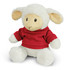 A soft, fluffy white lamb plush toy wearing a red shirt, featuring a friendly face and floppy ears.